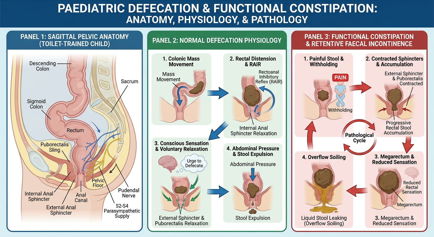 Paediatric anorectal anatomy, normal defecation physiology, and overflow faecal incontinence in functional constipation