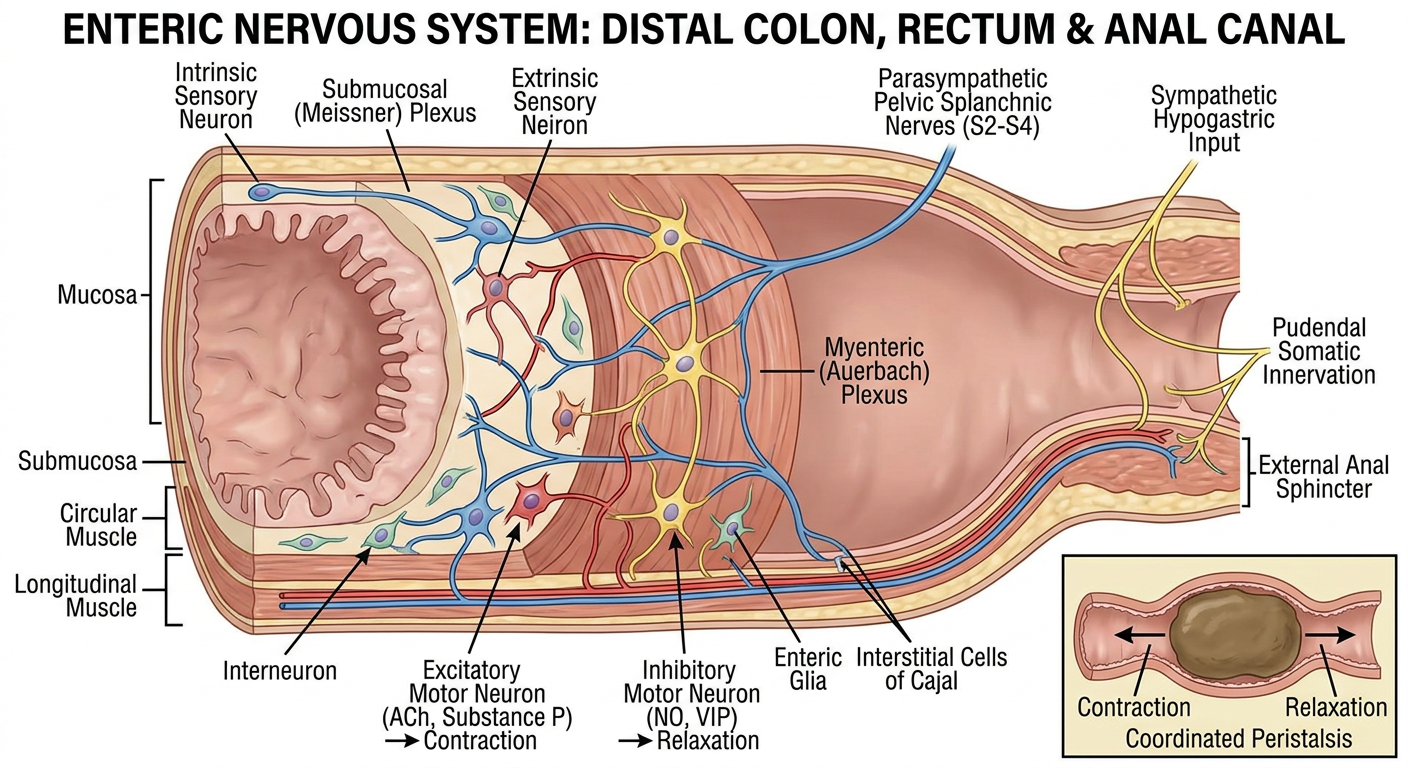 Labelled enteric nervous system of distal colon, rectum, and anal canal
