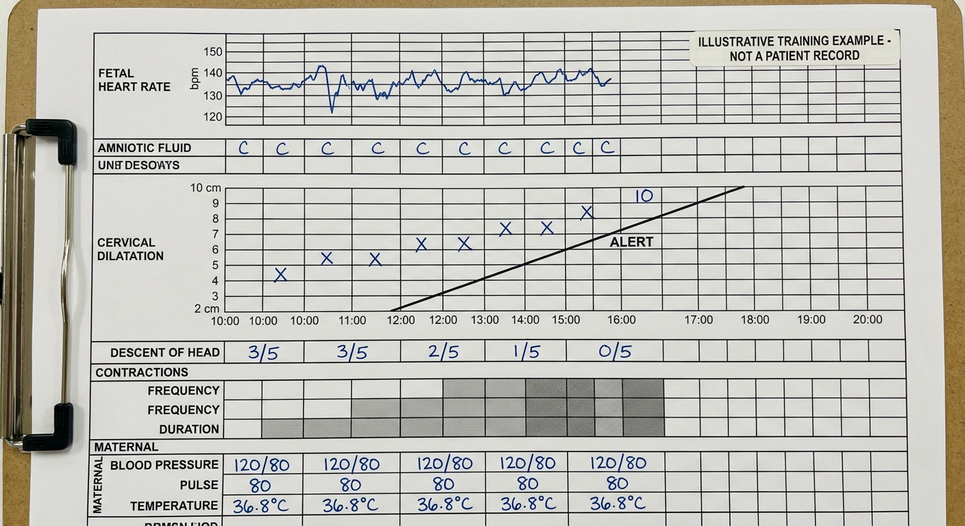 Illustrative completed partograph for an uncomplicated spontaneous vaginal delivery