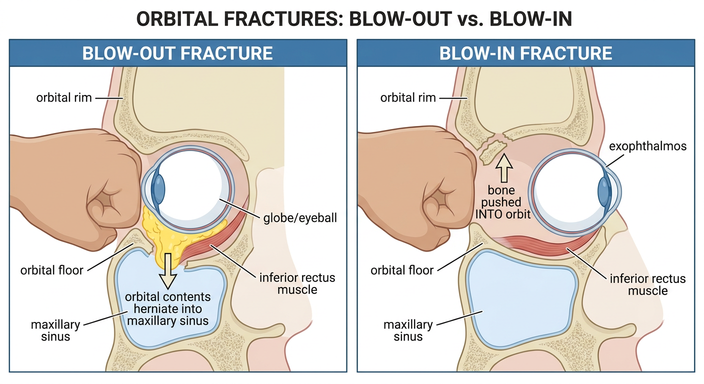Blow-out vs Blow-in orbital fracture mechanism diagram