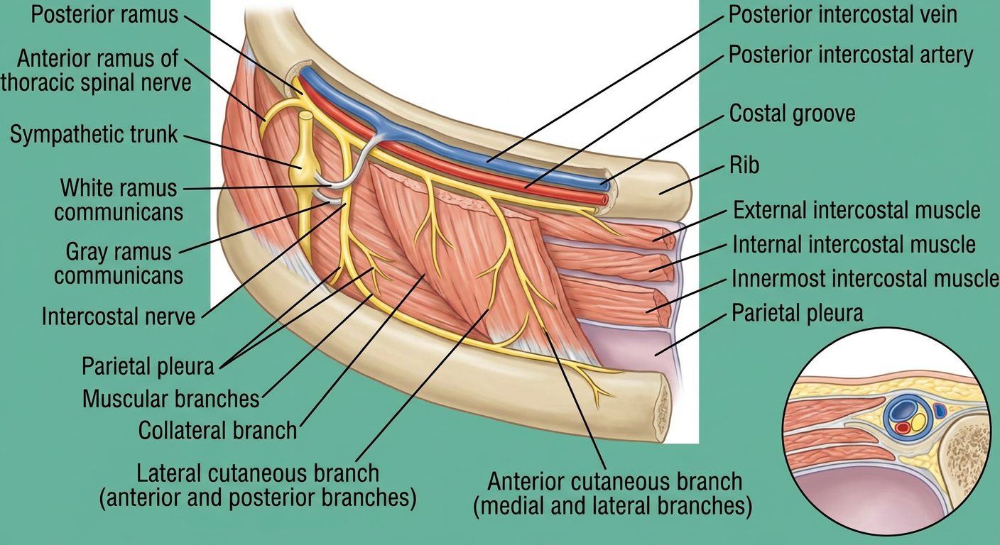 Clear labelled anatomy diagram of a typical intercostal nerve