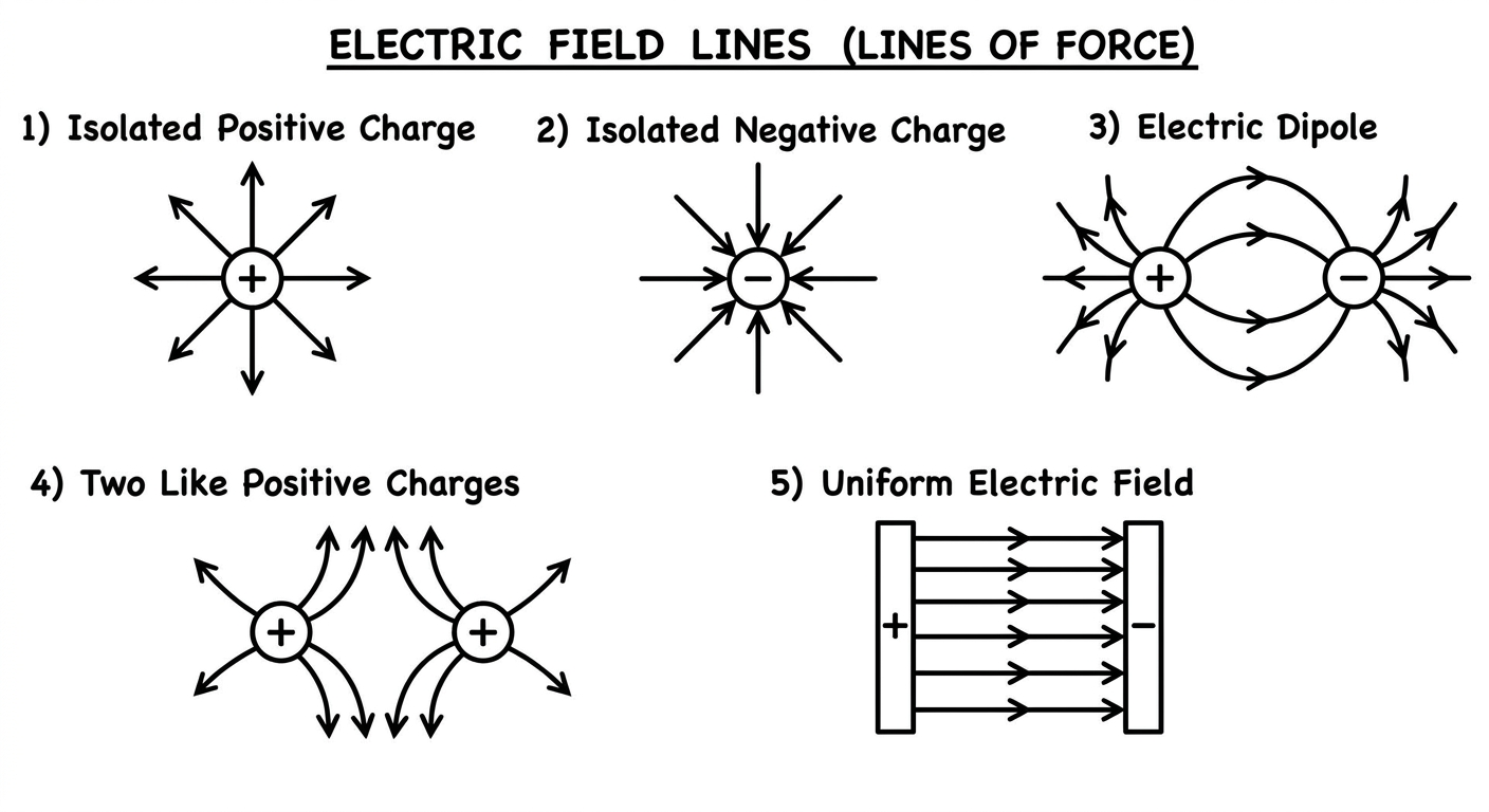 Electric Field Lines - isolated charges, dipole, like charges, uniform field