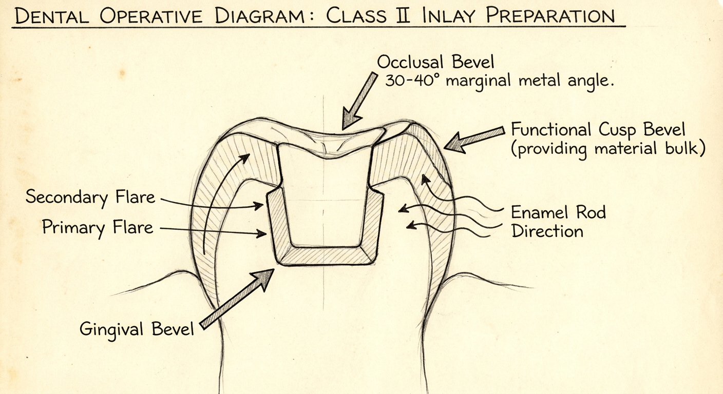 Gingival bevel, primary and secondary flare, functional cusp bevel diagram