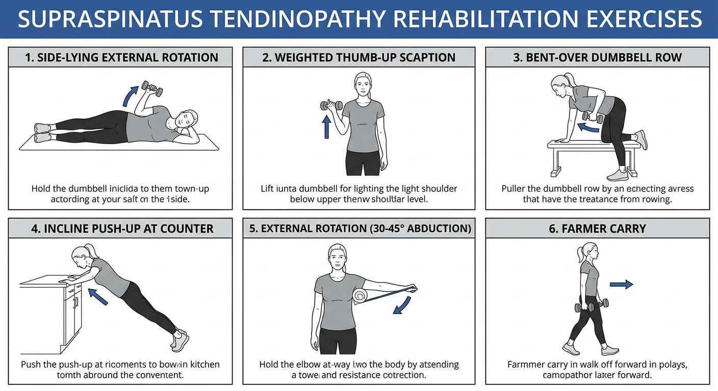 Side-lying external rotation, weighted scaption, bent-over row, incline push-up, external rotation progression, and farmer carry
