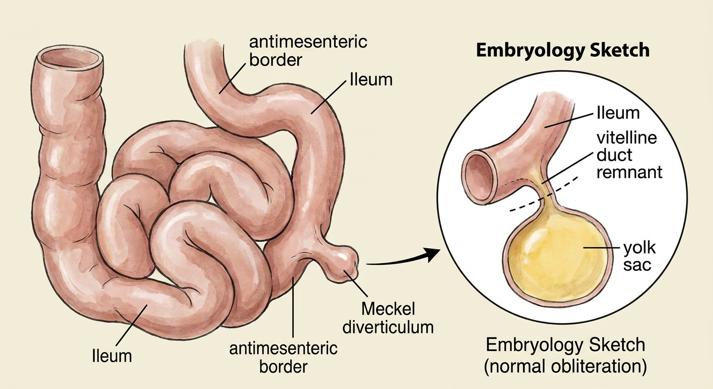 Labeled diagram of Meckel diverticulum and its embryologic vitelline duct remnant