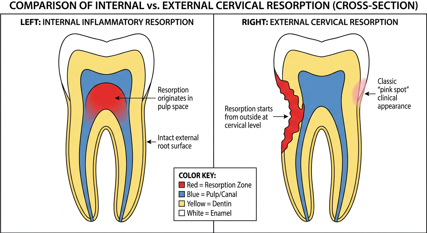 Diagram comparing internal inflammatory resorption with external cervical resorption showing origin, morphology and root canal relationship