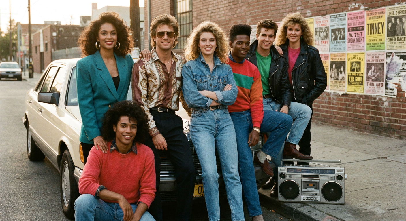 1980s cinematic group portrait