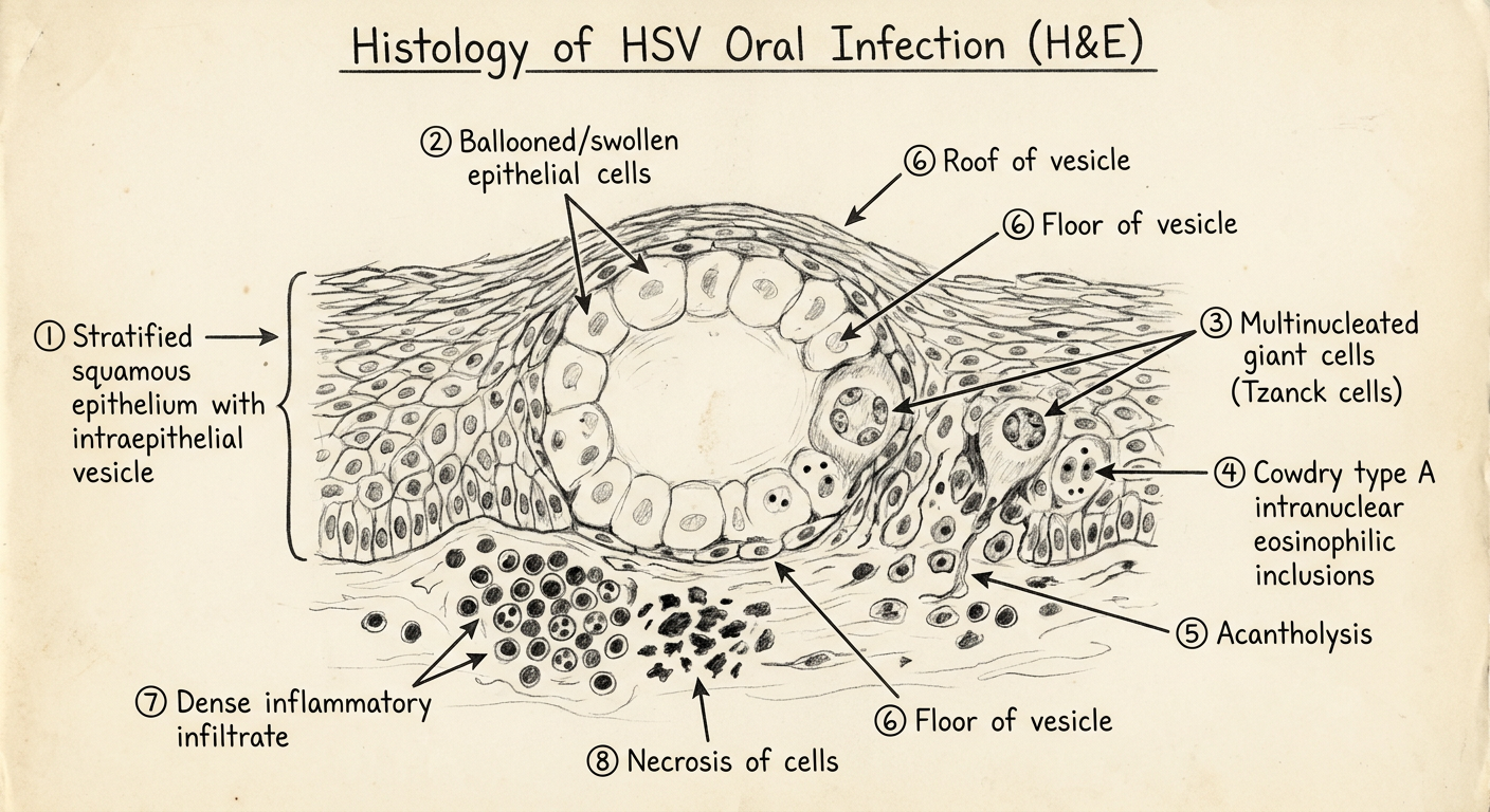 Labeled H&E diagram of HSV oral infection for BDS exam