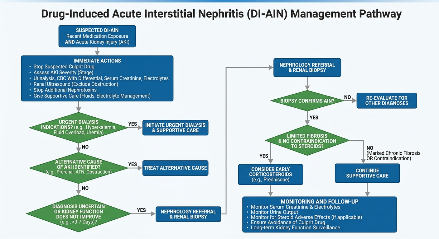 Diagnostic and management flowchart for drug-induced acute interstitial nephritis