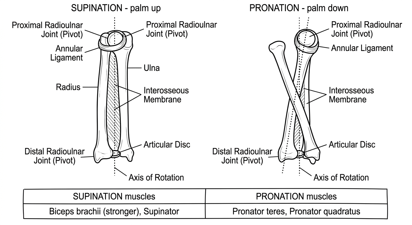 Simple labeled diagram comparing supination (radius and ulna parallel) vs pronation (radius crosses over ulna) with joints and muscles labeled