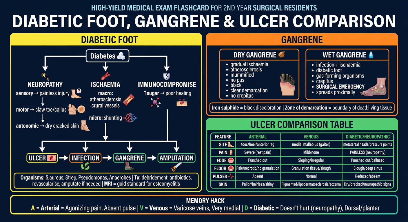 High-yield Diabetic Foot & Ulcer Comparison Flashcard