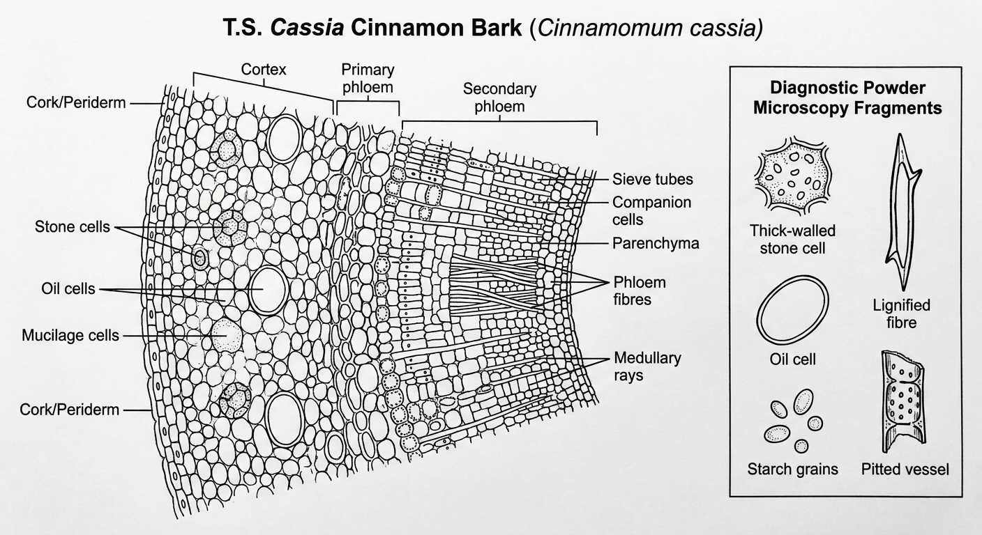 Labelled T.S. and powder microscopy of Cassia cinnamon