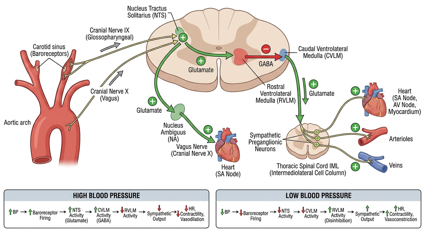 Labeled NTS-CVLM-RVLM baroreflex pathway