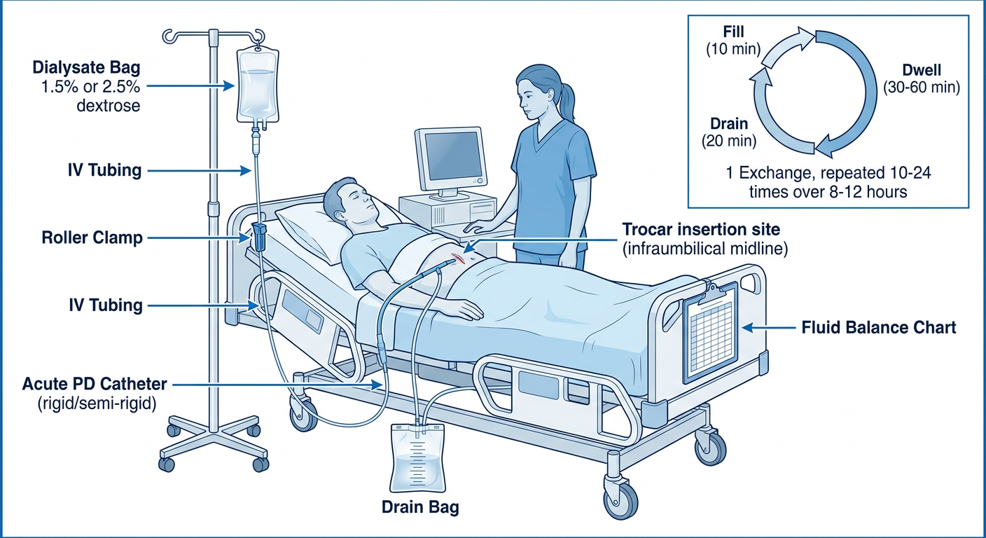 Acute PD setup diagram showing hospital bed with supine patient, rigid PD catheter inserted infraumbilically, IV tubing with roller clamp connecting dialysate bag on IV pole to catheter, drain bag below bed, fluid balance chart, nurse alongside, with inset showing rapid exchange cycle: Fill 10 min β Dwell 30-60 min β Drain 20 min repeated 10-24 times
