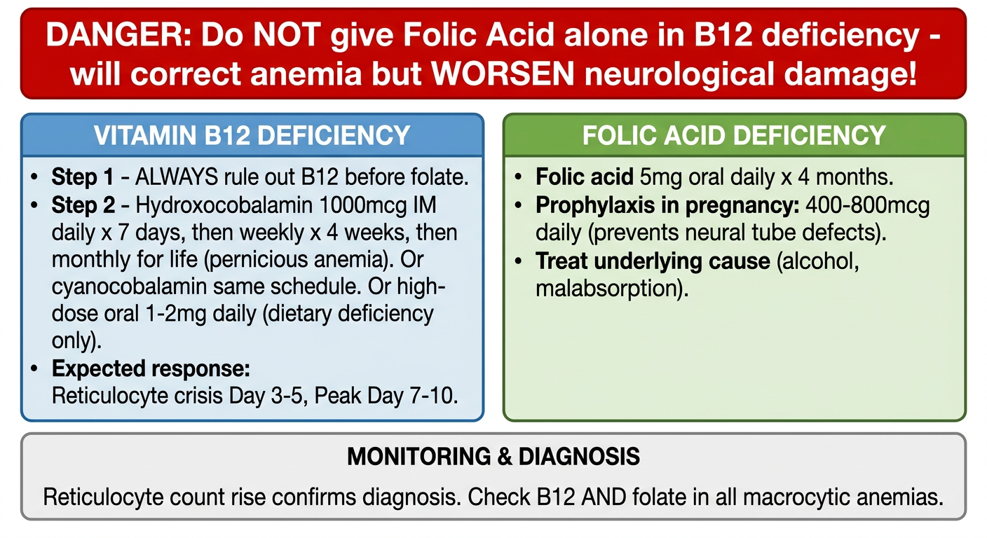 Treatment protocol diagram for megaloblastic anemia: B12 injections schedule and folic acid treatment with red warning about not giving folate alone in B12 deficiency