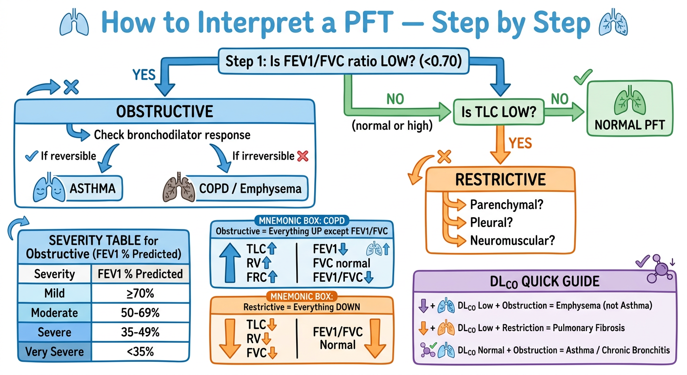PFT Notes Card 2 β Interpretation Flowchart, Severity, Mnemonics