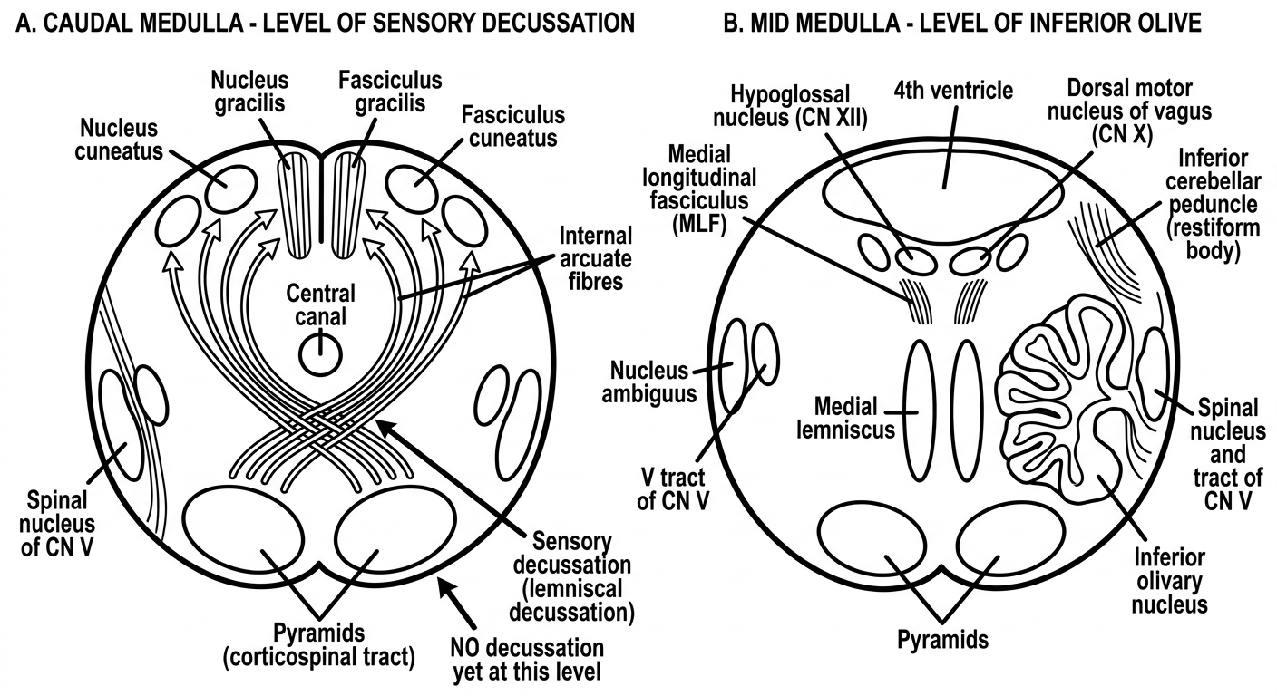 Two labeled cross-sections of the medulla oblongata - left showing caudal medulla at sensory decussation level with nucleus gracilis, nucleus cuneatus, internal arcuate fibres and pyramids; right showing mid-medulla at olive level with inferior olivary nucleus, medial lemniscus, hypoglossal nucleus, dorsal motor nucleus of vagus, nucleus ambiguus and 4th ventricle