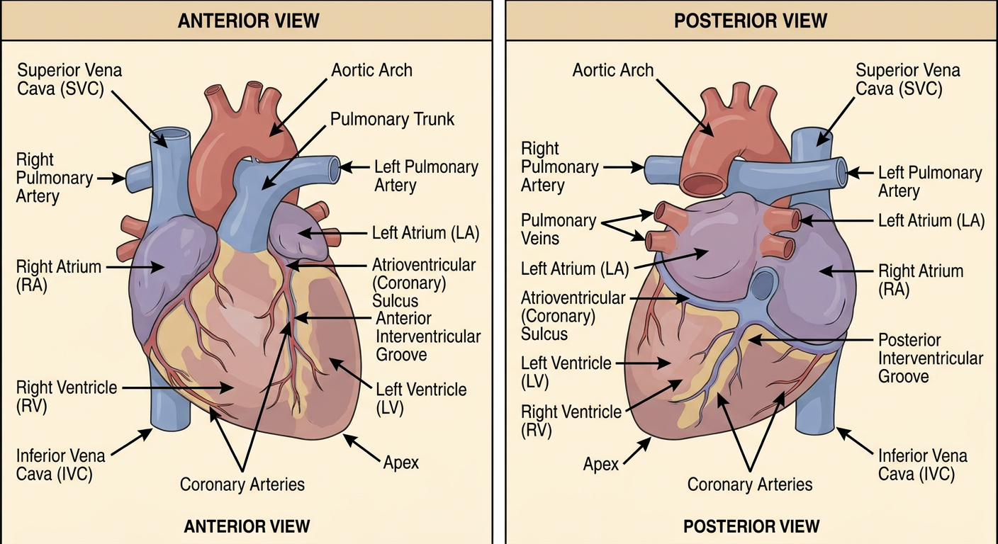 Labeled heart anatomy diagram - all chambers, vessels, grooves