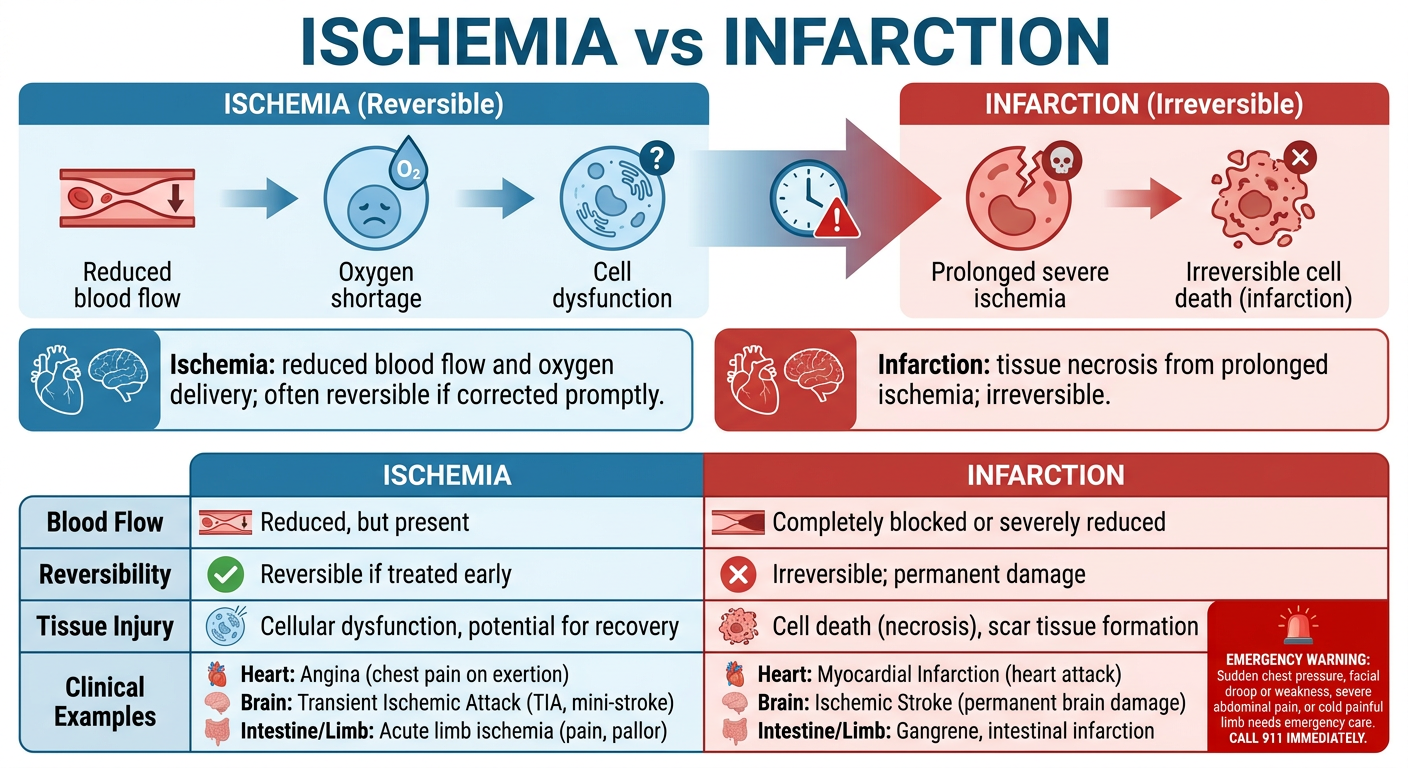 One-page infographic: Ischemia vs Infarction