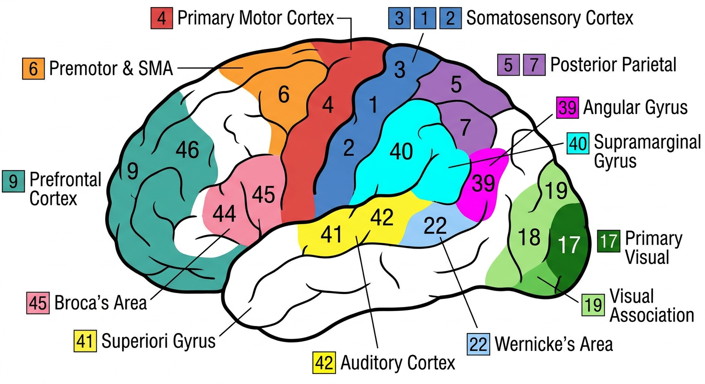 Brodmann areas map — lateral view of the left cerebral hemisphere with numbered and color-coded functional regions