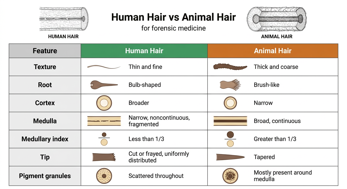 Human Hair vs Animal Hair with mini diagrams in every cell