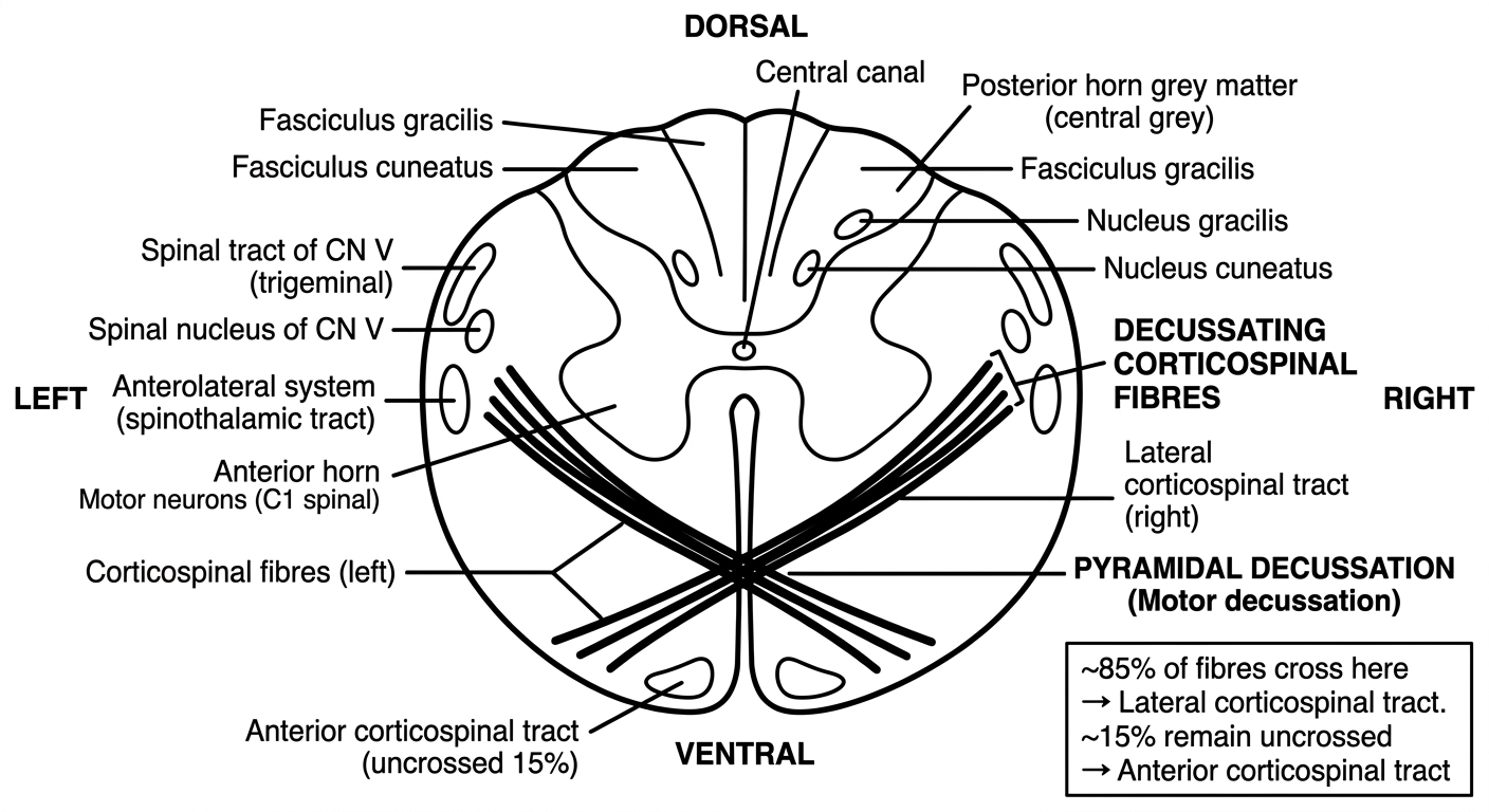 Clean labeled line drawing of the transverse section of the medulla at the level of pyramidal decussation showing crossing corticospinal fibres, fasciculus gracilis/cuneatus, nucleus gracilis/cuneatus, spinal tract and nucleus of CN V, spinothalamic tract, central canal and anterior horn