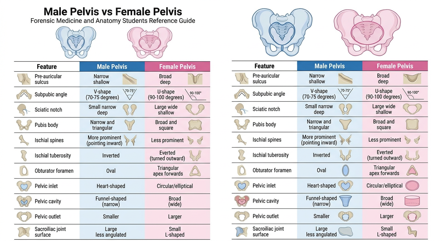 Male vs Female Pelvis comparison with mini diagrams