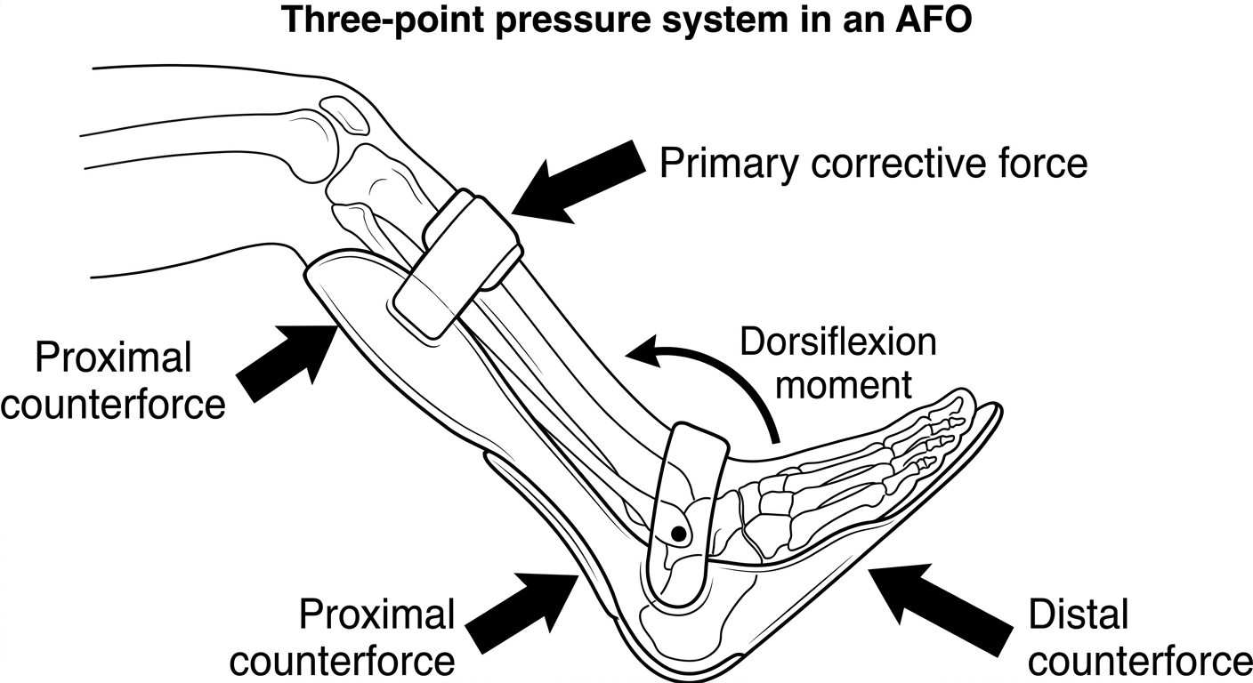Three-point pressure system in an ankle-foot orthosis