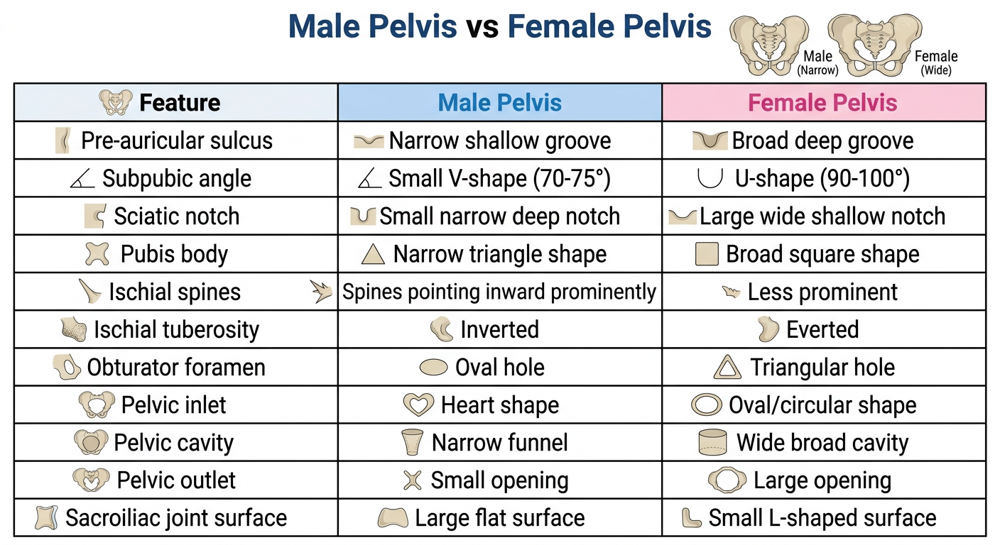 Male vs Female Pelvis - single clean table