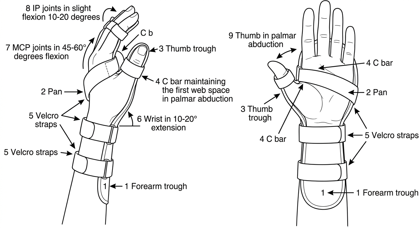 Resting hand splint - fully labeled diagram to draw