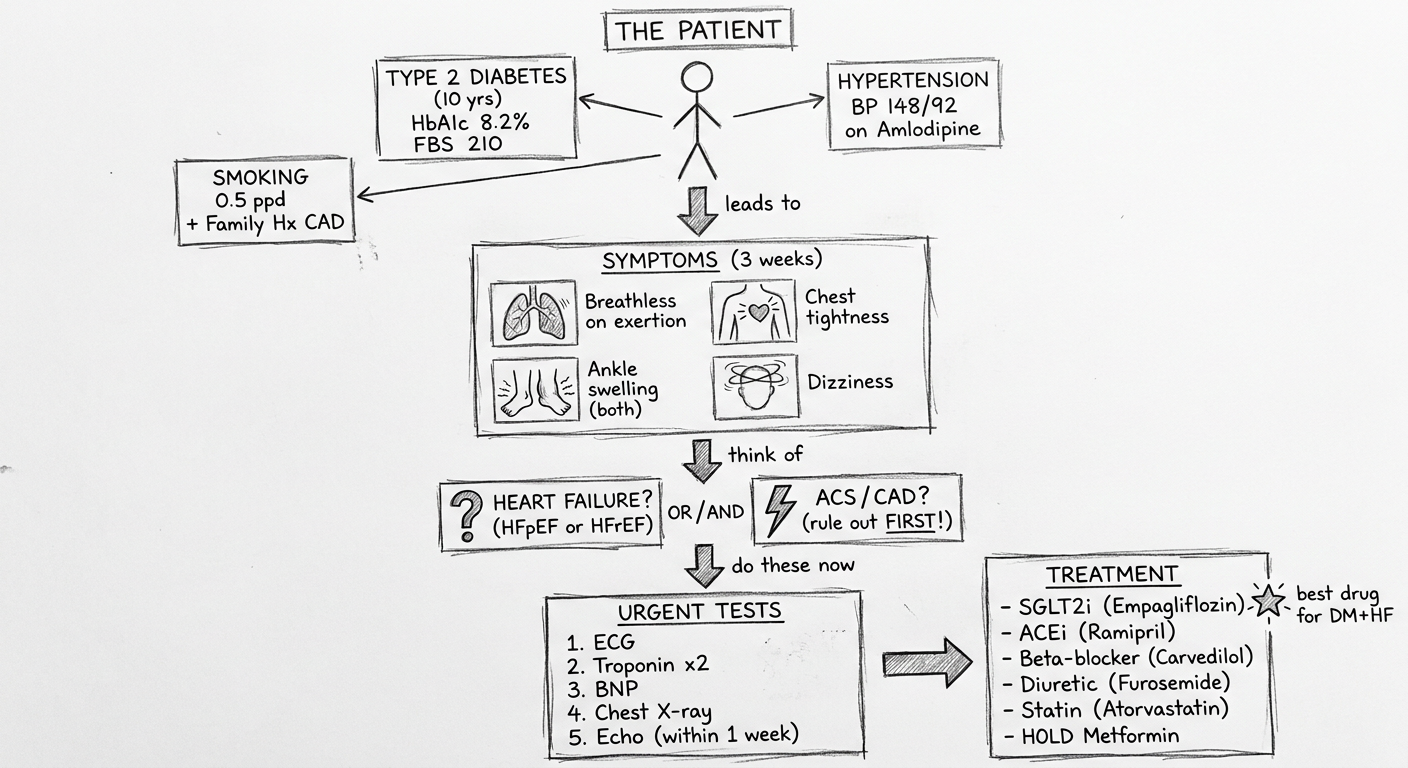 Hand-drawn clinical infographic for T2DM + HTN + Heart Failure