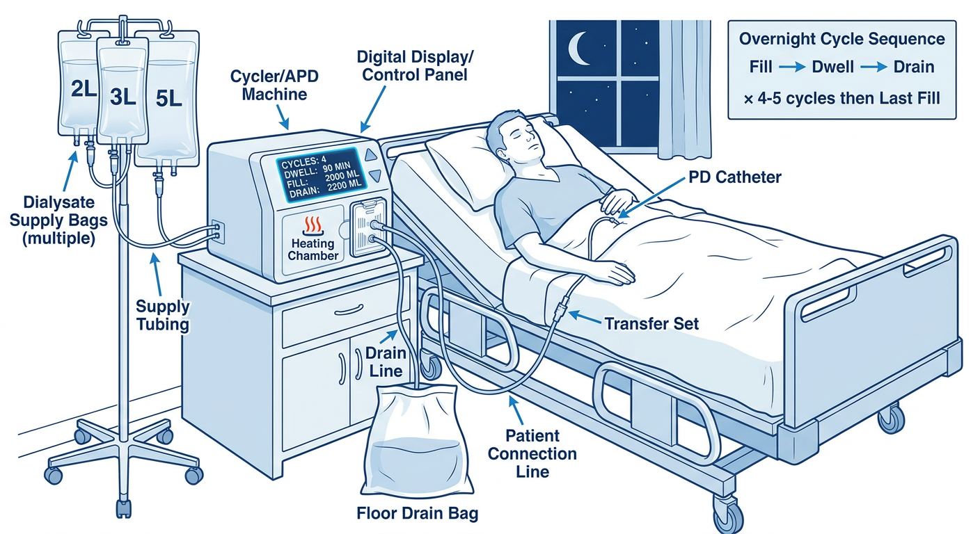 APD cycler machine system showing cycler with digital display, multiple dialysate supply bags, heating chamber, disposable cassette, drain line, and patient connection line with patient in bed connected at night
