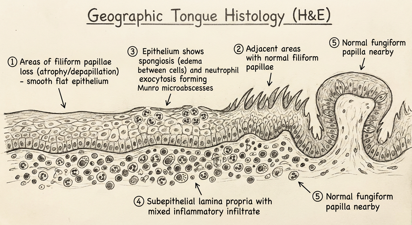 Geographic tongue H&E diagram - zones of depapillation with Munro microabscesses, neutrophil exocytosis, white border hyperparakeratosis, and inflammatory infiltrate