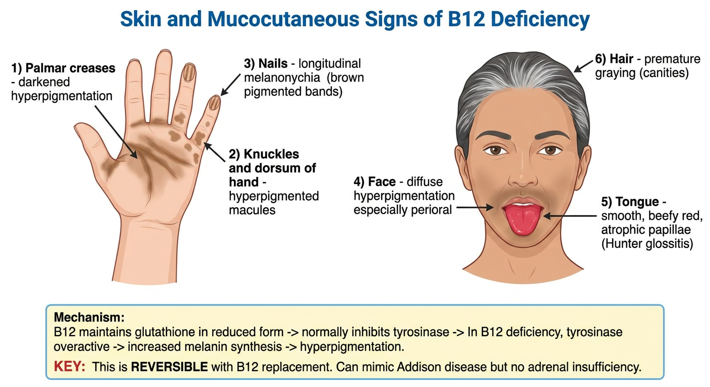 Dermatological manifestations of B12 deficiency - palmar hyperpigmentation, nail changes, Hunter glossitis, premature greying
