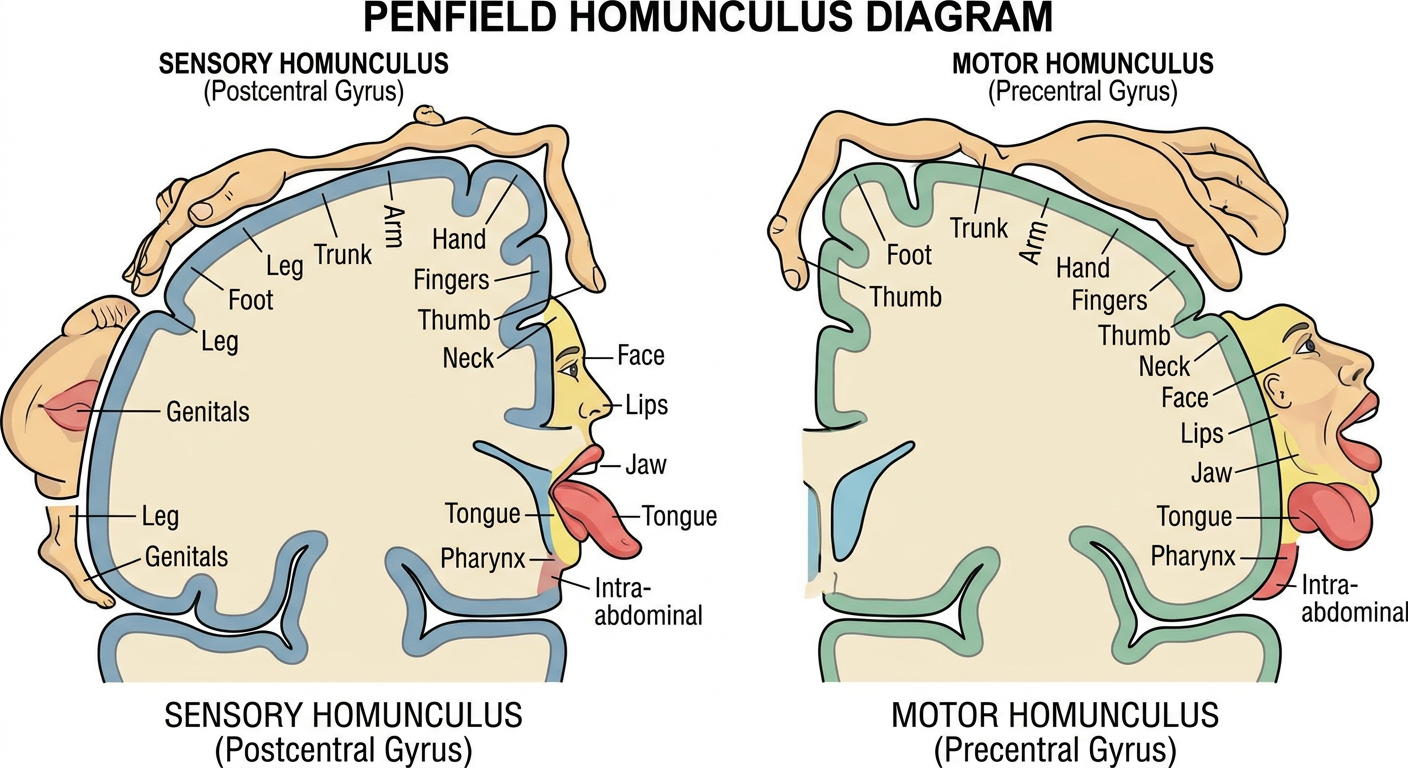 Sensory and Motor Homunculus — somatotopic organization of the postcentral and precentral gyri, with body parts drawn proportional to cortical representation