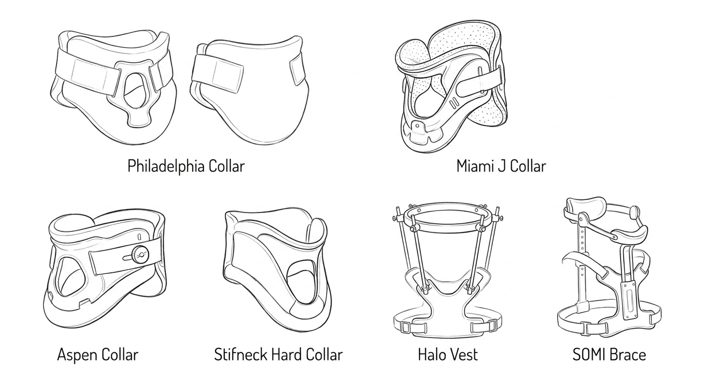 Simple line drawing of all 6 cervical braces