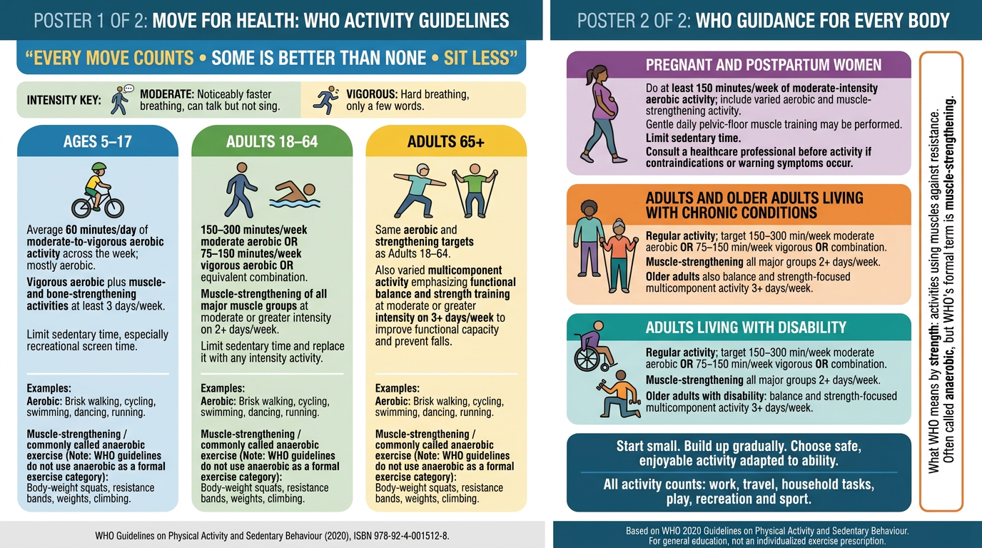 Two horizontal WHO physical-activity posters
