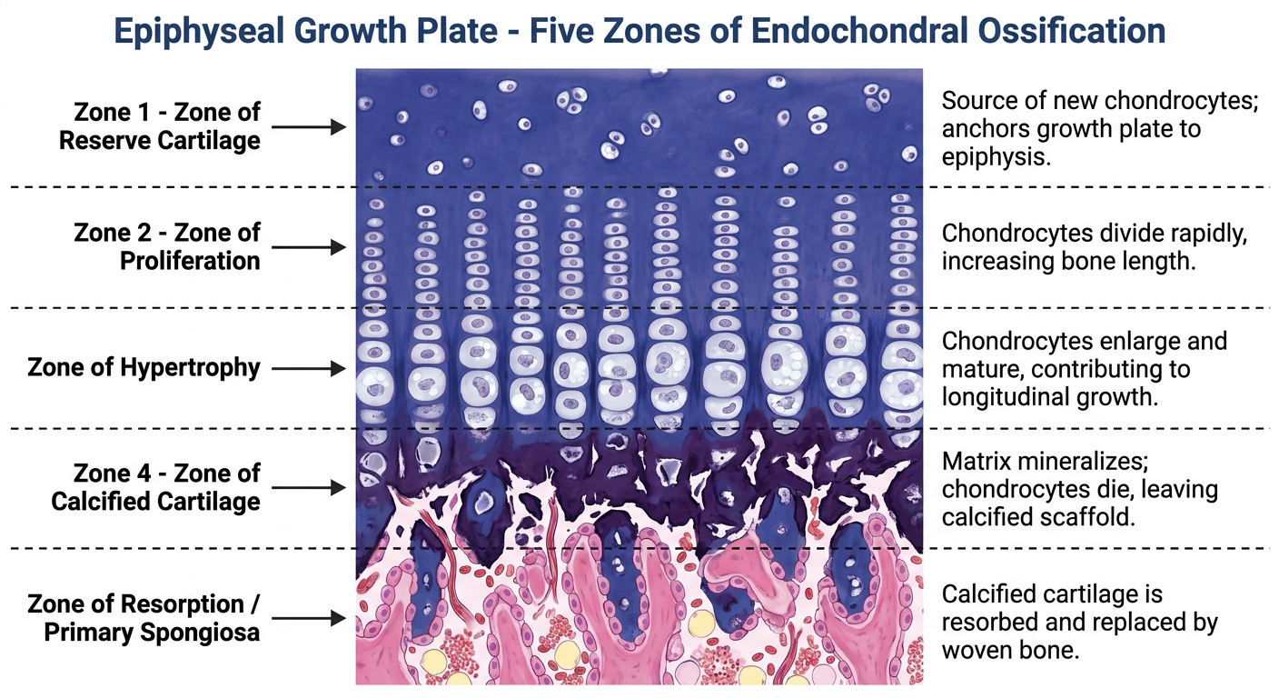 Epiphyseal Growth Plate - Five Zones of Endochondral Ossification