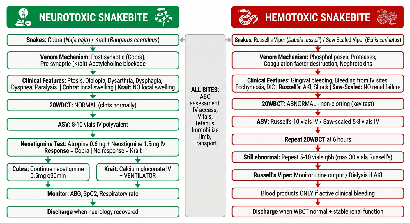 Neurotoxic vs Hemotoxic Snakebite Management Flowchart