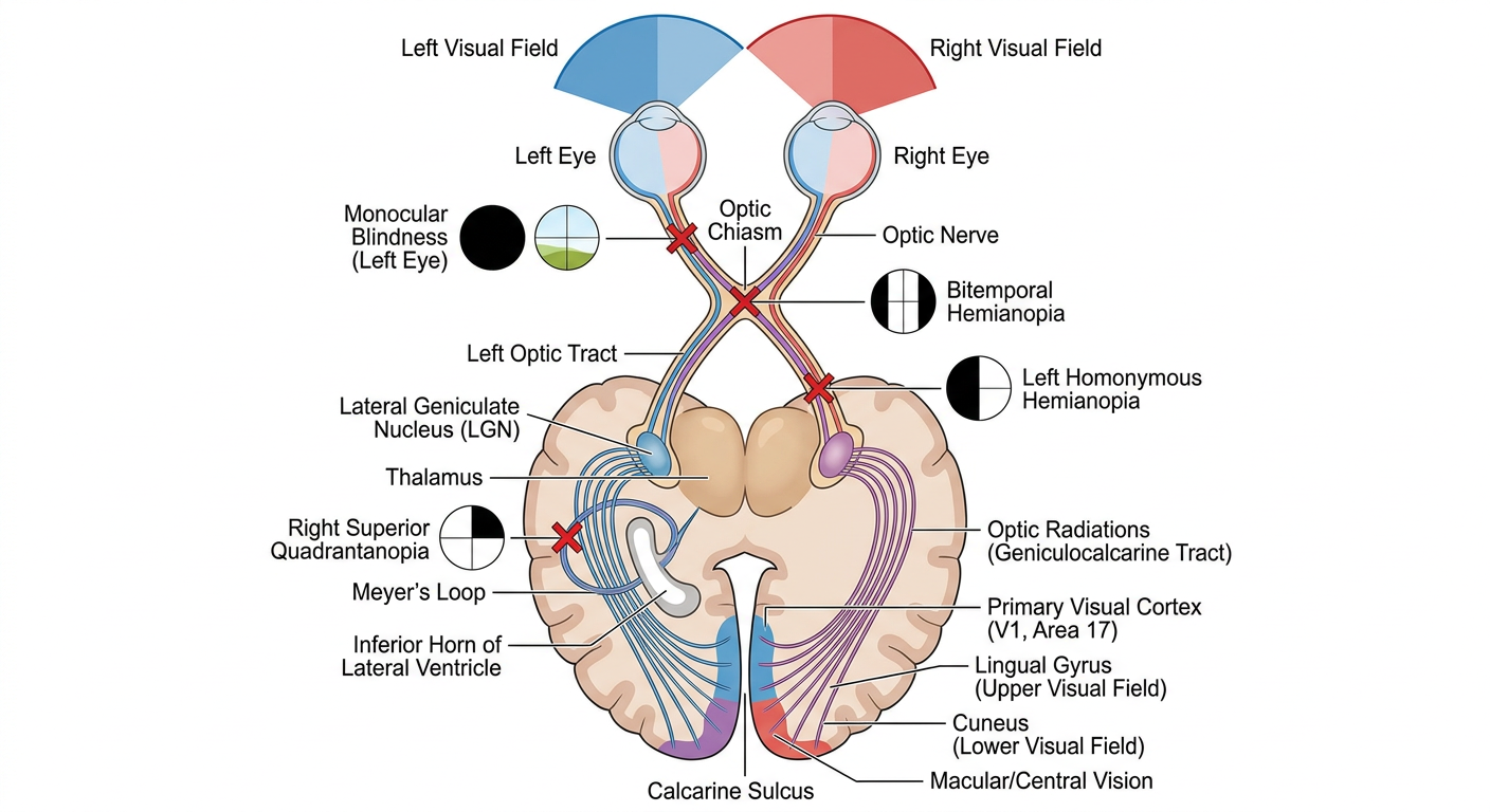 Visual pathway from retina to V1 — showing optic chiasm, LGN, optic radiations, and retinotopic organization with visual field defects at each level
