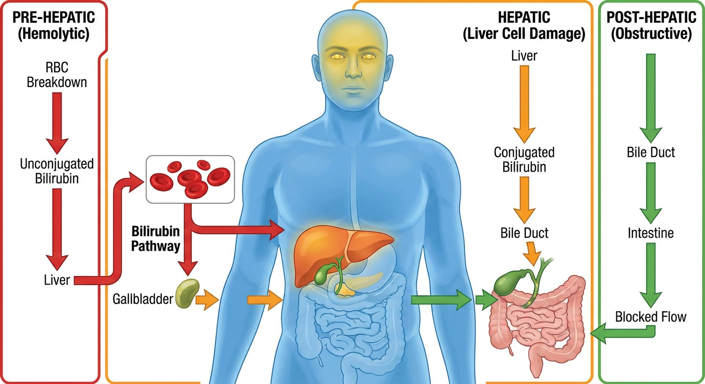 Jaundice diagram showing pre-hepatic, hepatic, and post-hepatic types with bilirubin pathway