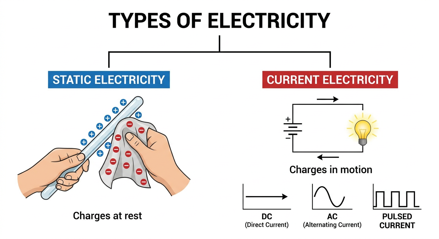 Types of Electricity - Static vs Current, DC/AC/Pulsed waveforms