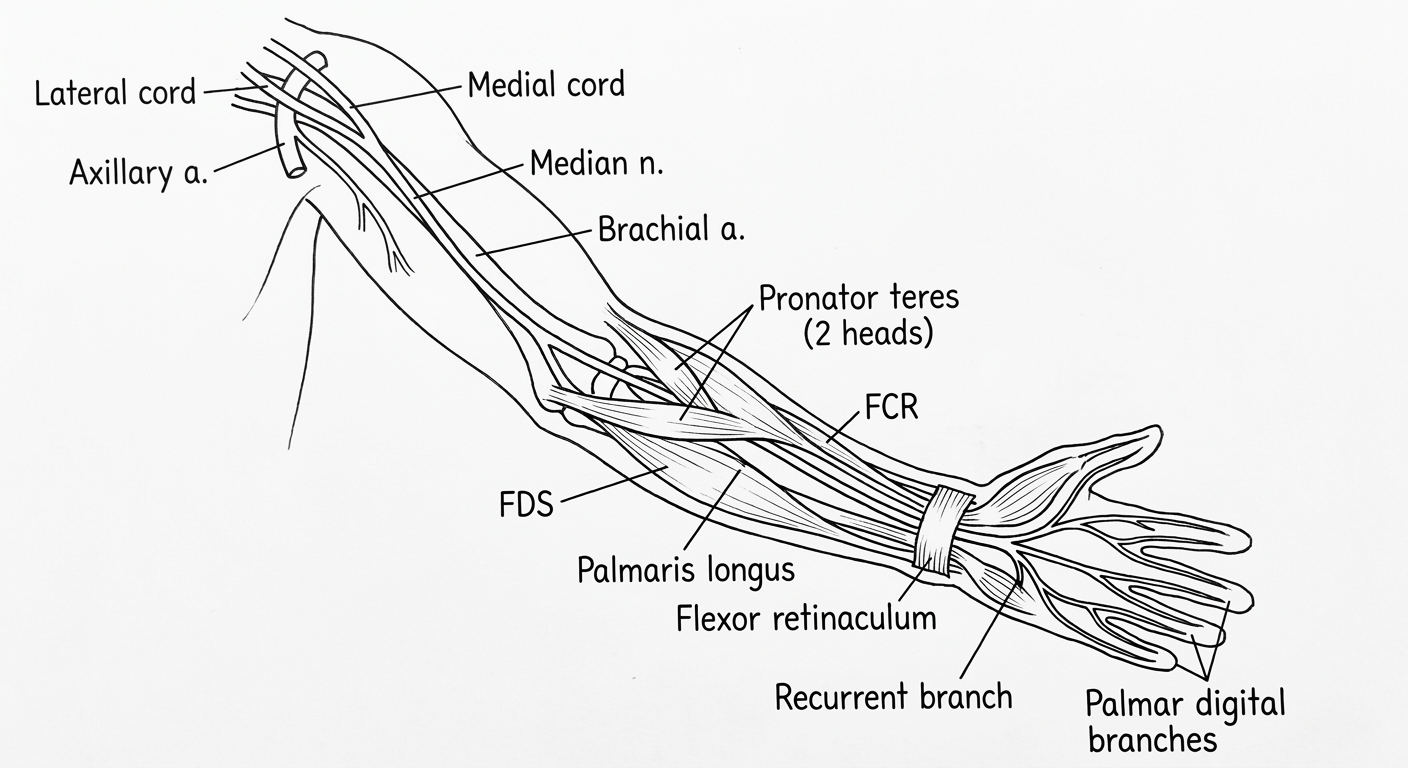 Schematic line diagram of the median nerve course in the right upper limb anterior view, showing lateral and medial cord roots joining anterior to axillary artery, the nerve crossing from lateral to medial relative to the brachial artery in the arm, passing between two heads of pronator teres, deep to FDS in forearm, between palmaris longus and FCR at wrist, through carpal tunnel deep to flexor retinaculum, then dividing into recurrent thenar branch and palmar digital branches in the palm