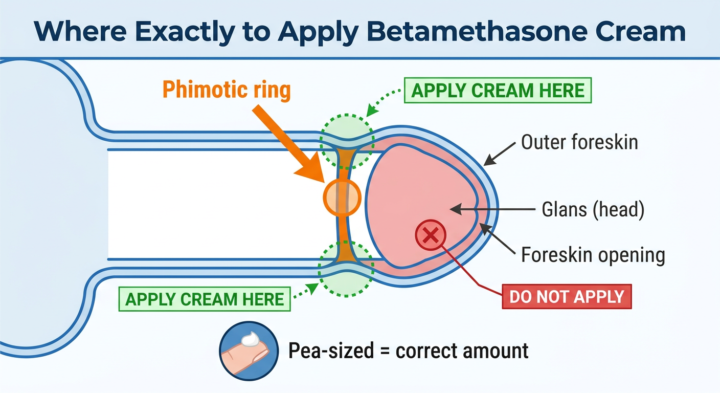Medical diagram showing exact cream application site on the phimotic ring with labeled anatomy