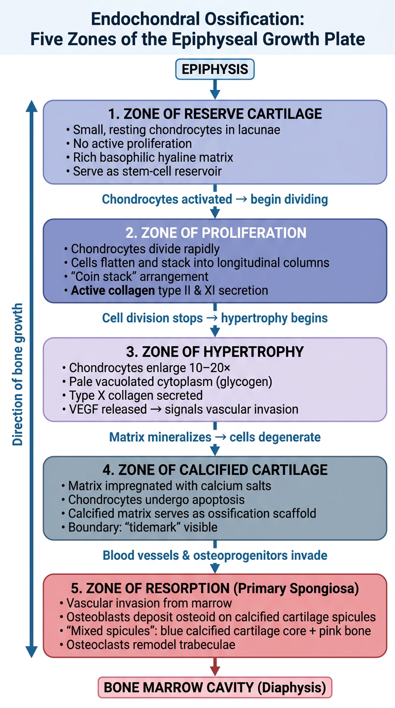 Endochondral Ossification Flowchart - Five Zones