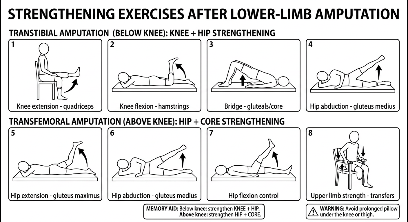 Proper strengthening stick diagram after transtibial and transfemoral amputation