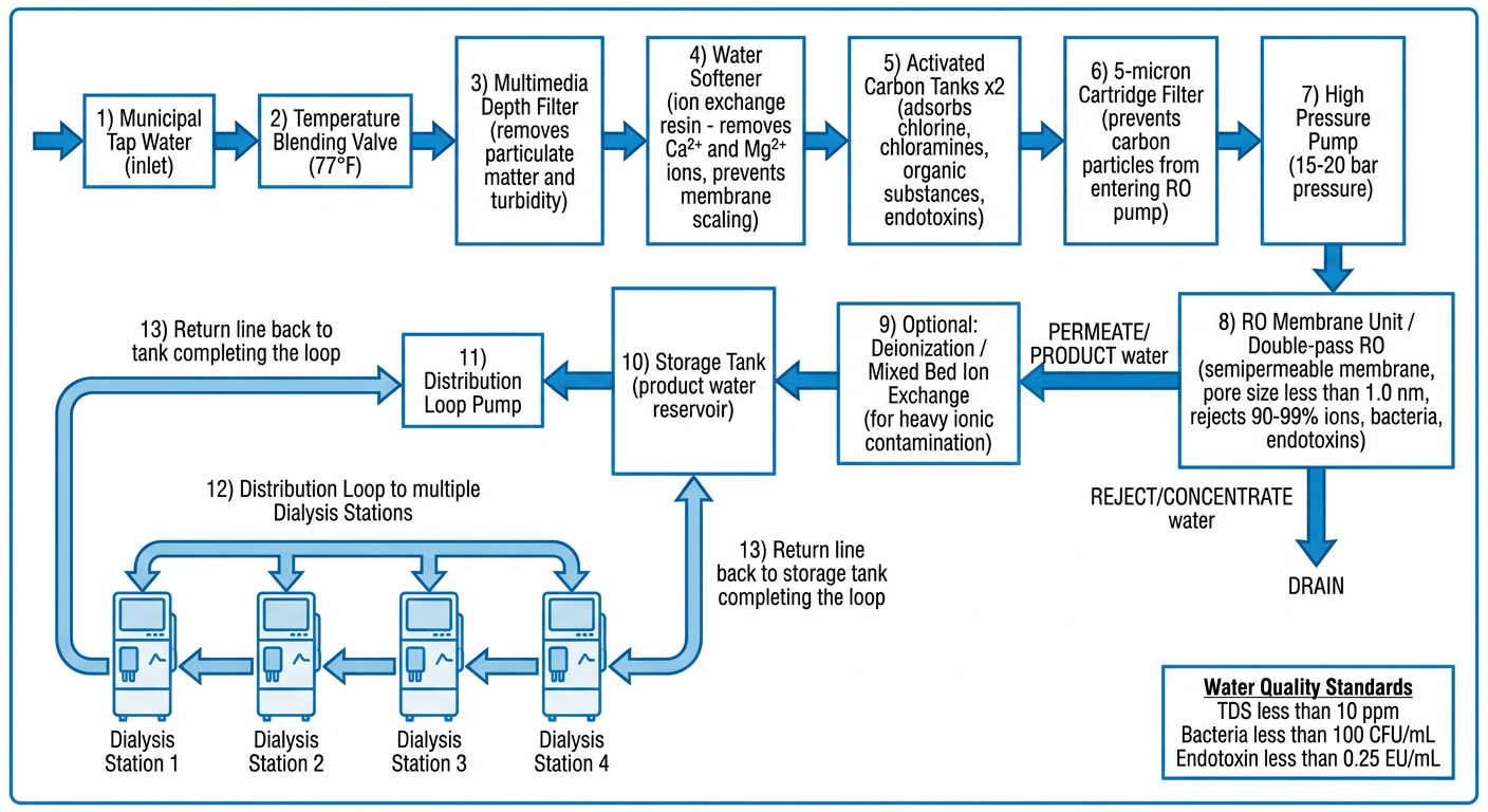 Detailed labeled flowchart of a Reverse Osmosis plant in a hemodialysis unit showing all stages from municipal water inlet through RO membranes to dialysis stations distribution loop