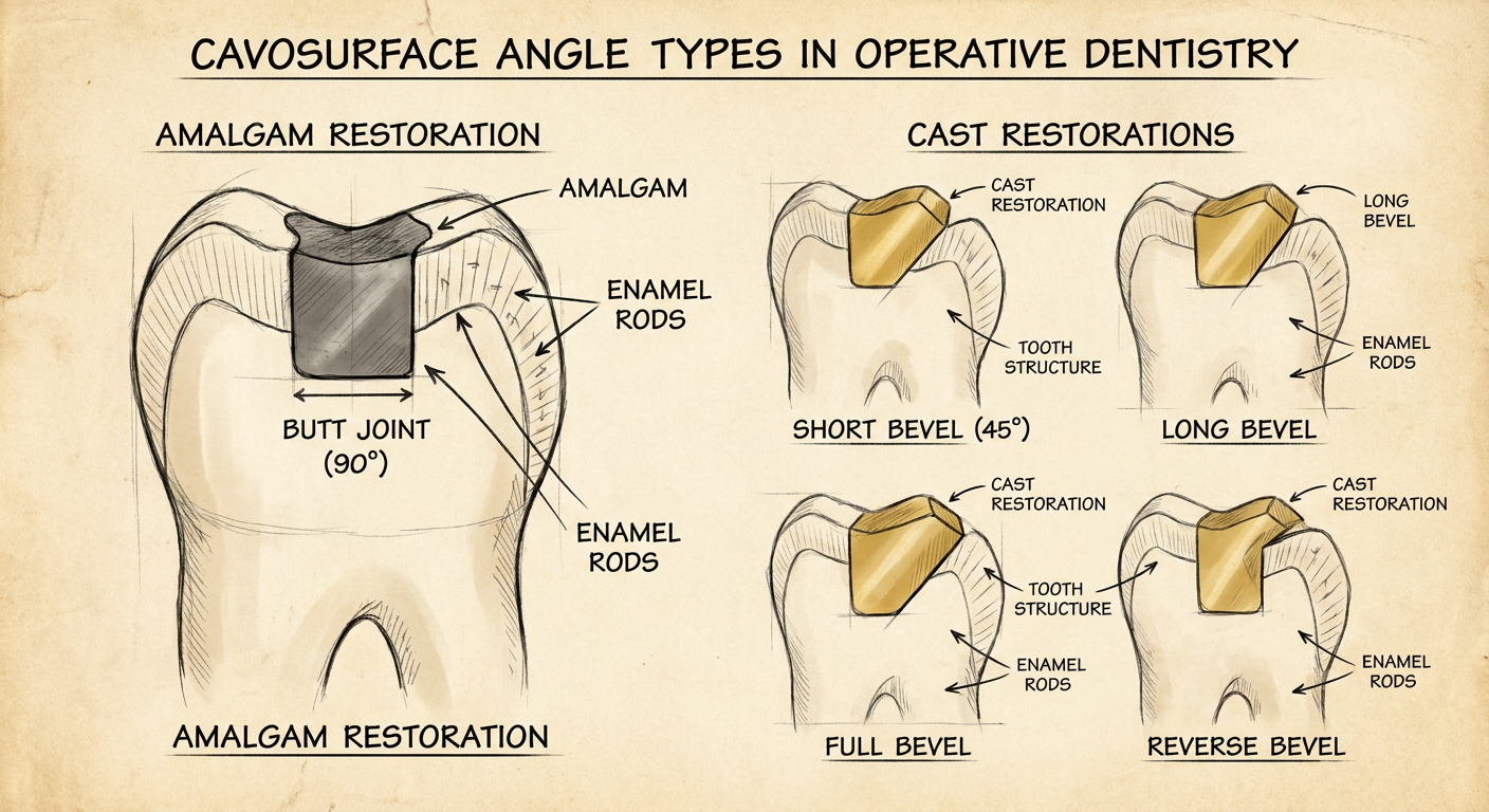 Cavosurface angle types - butt joint, short bevel, long bevel, and reverse bevel cross-section diagrams