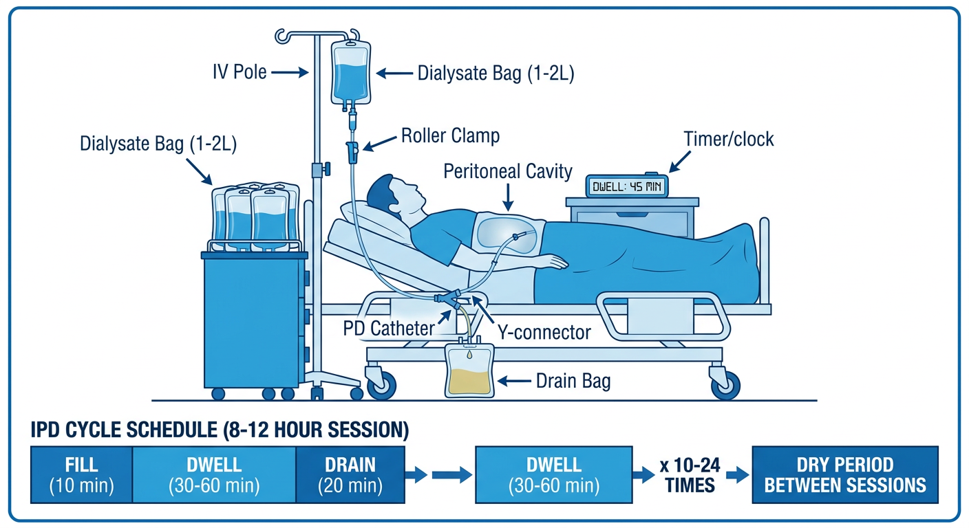 IPD hospital gravity-based setup showing IV pole with dialysate bag, roller clamp, Y-connector, PD catheter into patient abdomen, drain bag, with cycle timeline showing repeated fill-dwell-drain sequences over 8-12 hours with dry periods between sessions
