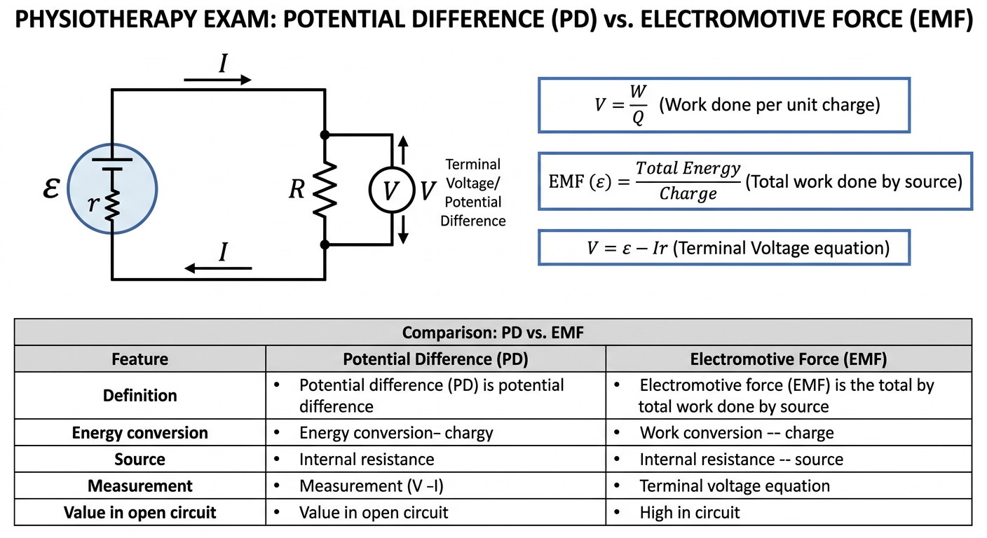 Potential Difference vs EMF - circuit diagram with battery, internal resistance, formulas
